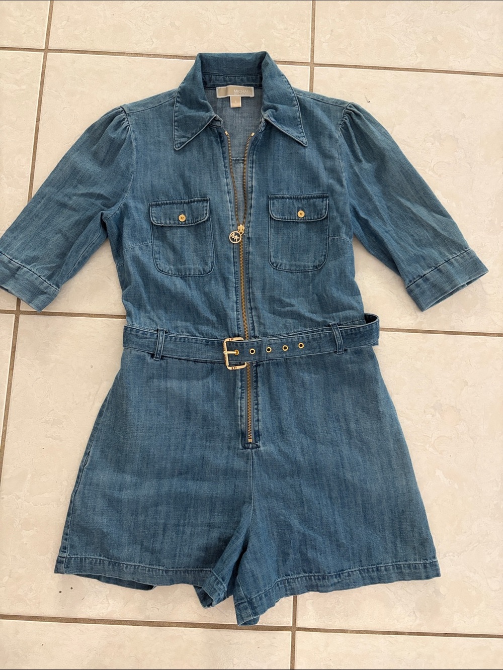 MICHAEL Michael Kors Medium Blue Denim Short Jumpsuit Jacket with Belt